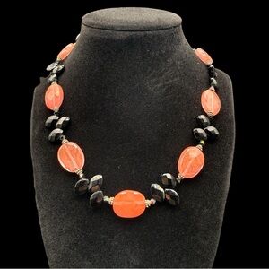 Vintage Artisan Handcrafted Pink Quartz and Black Beaded Necklace 16”